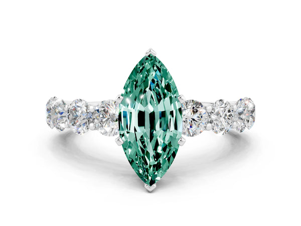 Platinum Marquise Cut Green Sapphire Prong Setting with Side Stones on a Pave Band