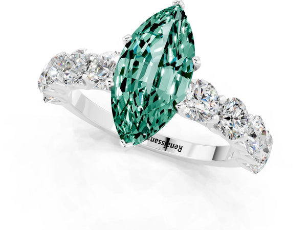 Platinum Marquise Cut Green Sapphire Prong Setting with Side Stones on a Pave Band