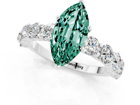 White gold Marquise Cut Green Sapphire Prong Setting with Side Stones on a Pave Band_1