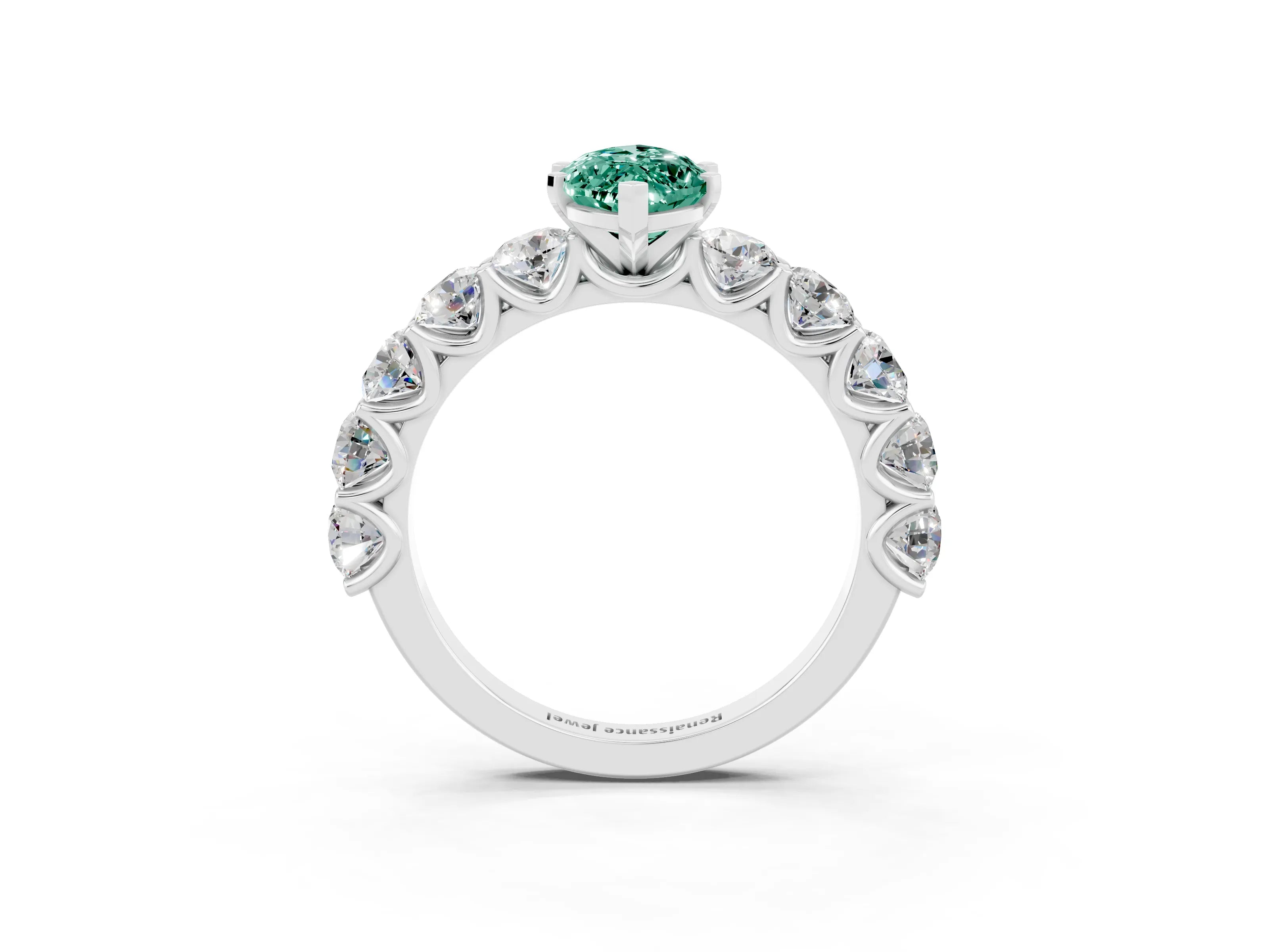White gold Marquise Cut Green Sapphire Prong Setting with Side Stones on a Pave Band_3