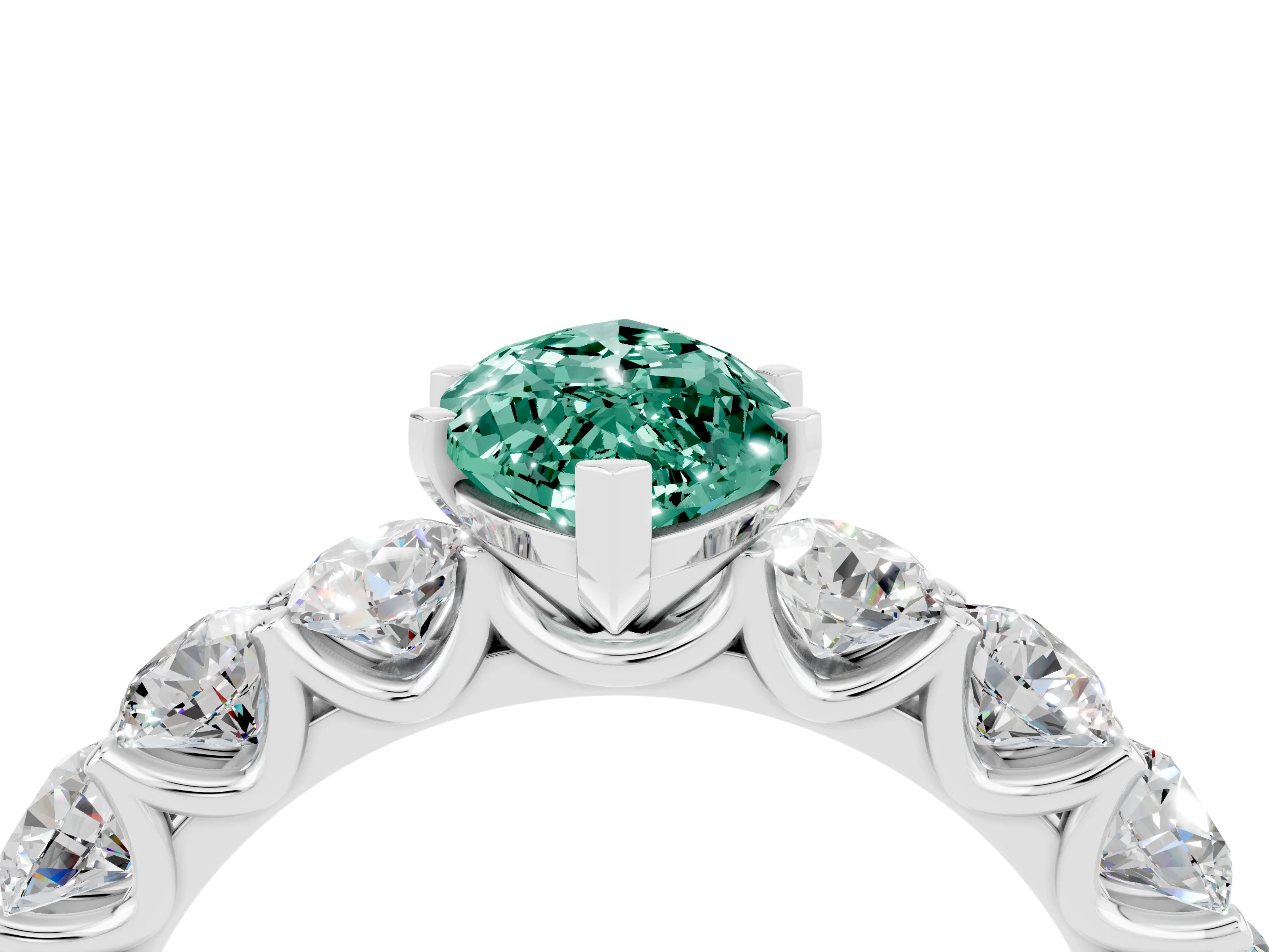 White gold Marquise Cut Green Sapphire Prong Setting with Side Stones on a Pave Band_4