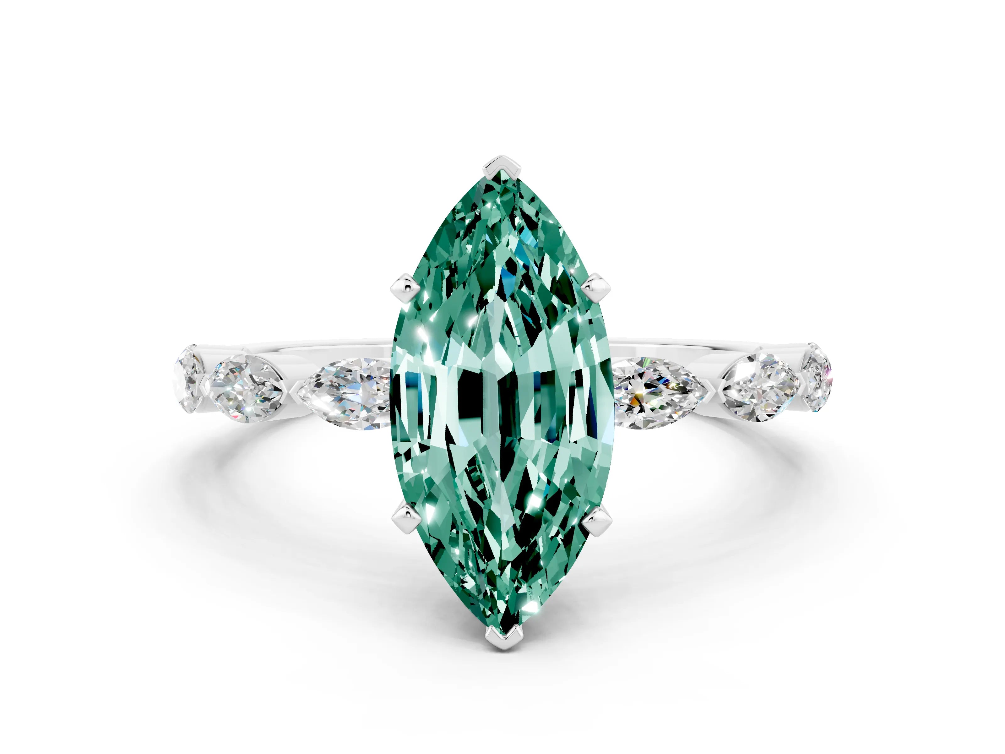 White gold Marquise Cut Green Sapphire Ring with Marquise Side Stones and Prong Setting_12