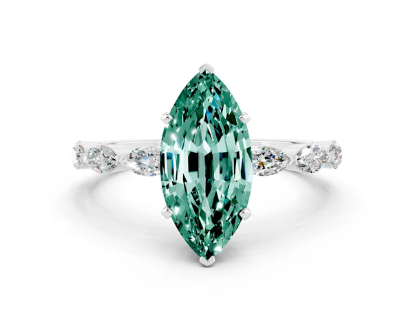 White gold Marquise Cut Green Sapphire Ring with Marquise Side Stones and Prong Setting
