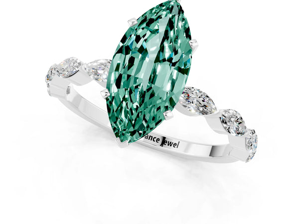 White gold Marquise Cut Green Sapphire Ring with Marquise Side Stones and Prong Setting
