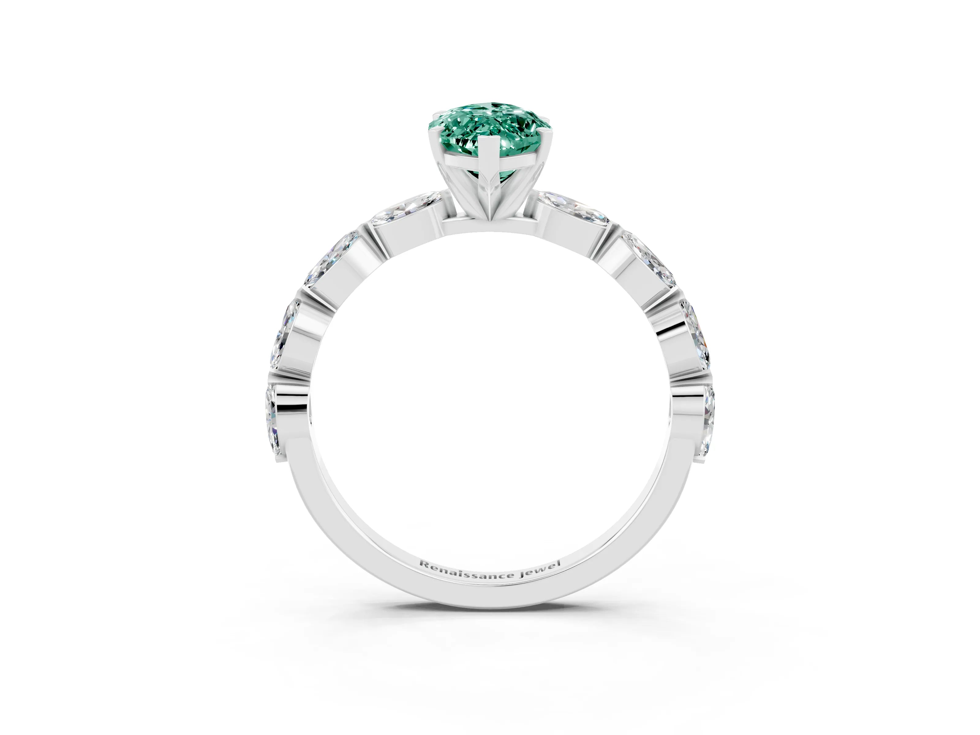 White gold Marquise Cut Green Sapphire Ring with Marquise Side Stones and Prong Setting_15