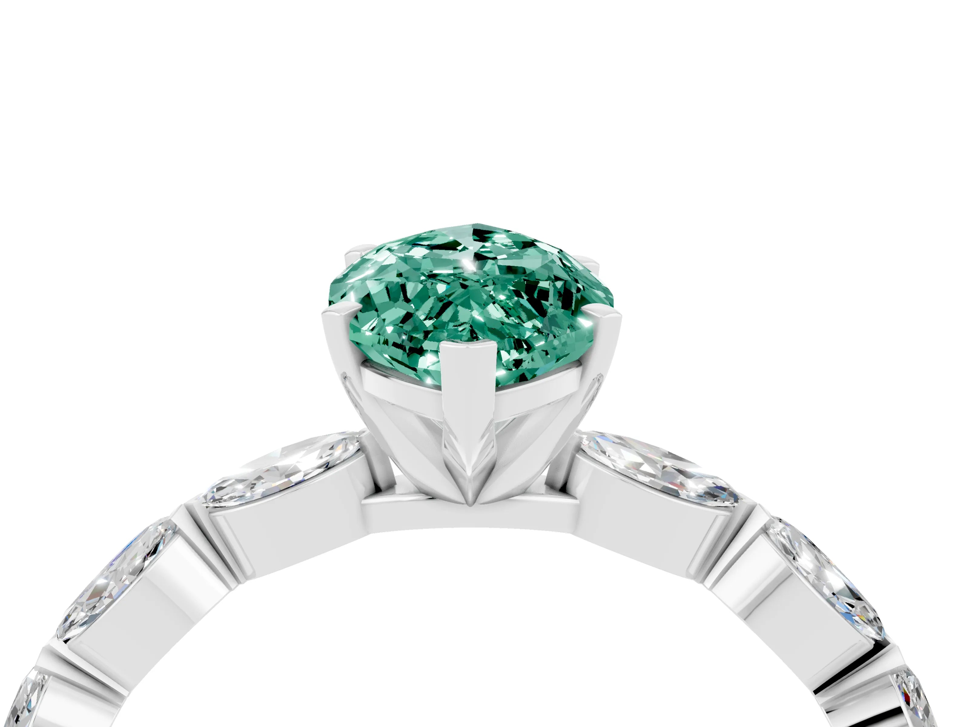 White gold Marquise Cut Green Sapphire Ring with Marquise Side Stones and Prong Setting_16