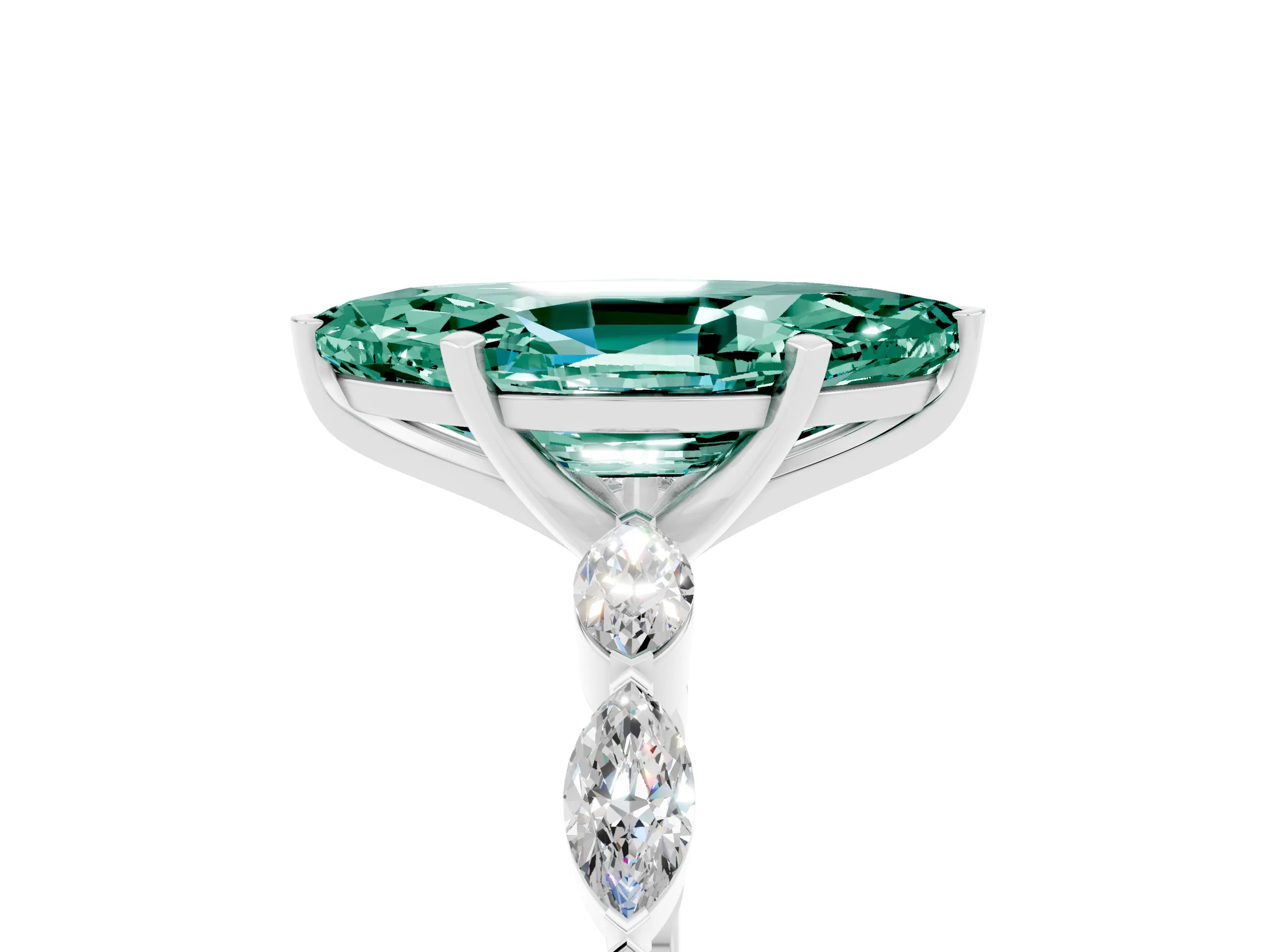 White gold Marquise Cut Green Sapphire Ring with Marquise Side Stones and Prong Setting_17