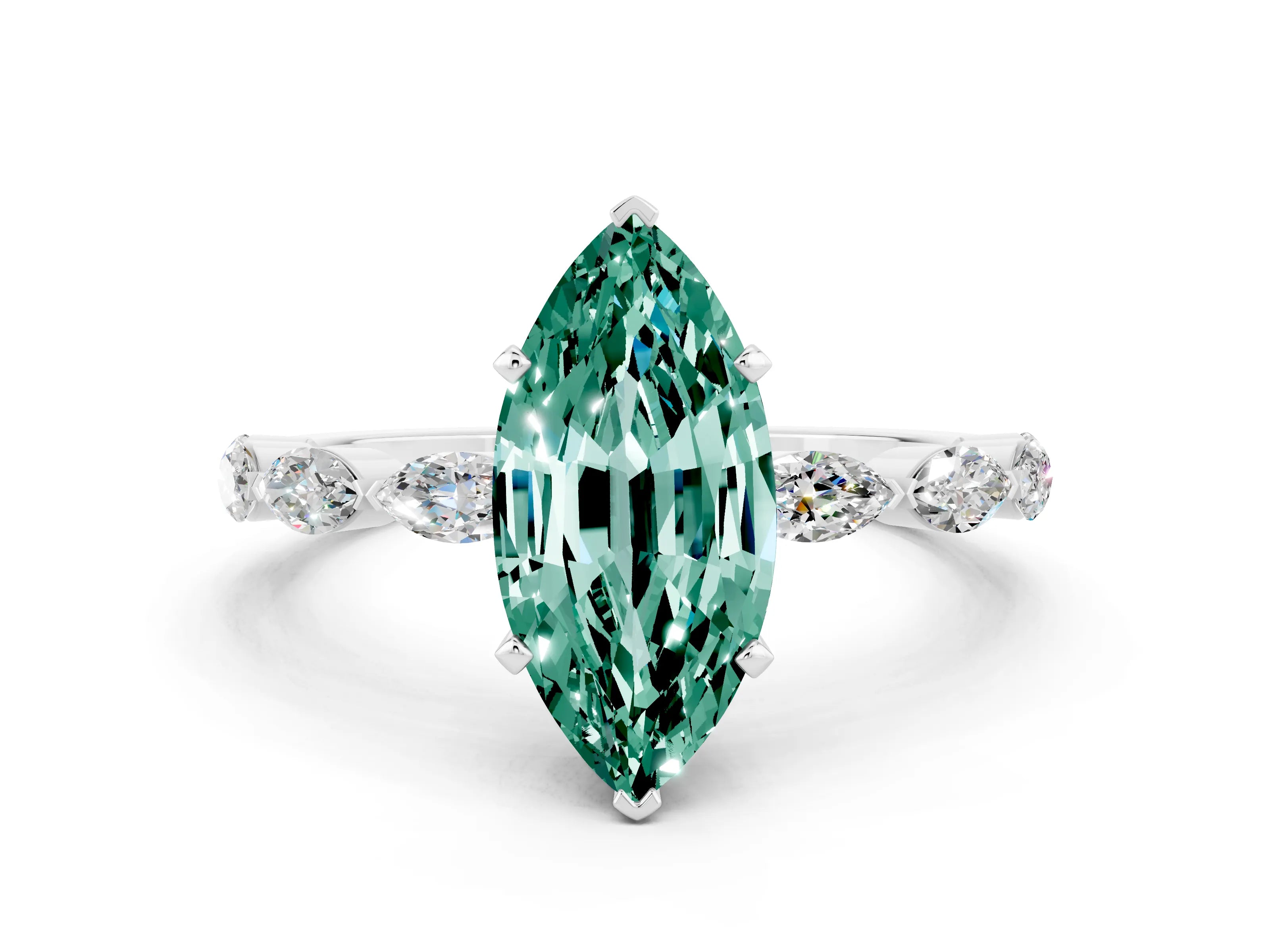 White gold Marquise Cut Green Sapphire Ring with Marquise Side Stones and Prong Setting_24