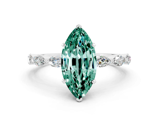 Silver Marquise Cut Green Sapphire Ring with Marquise Side Stones and Prong Setting