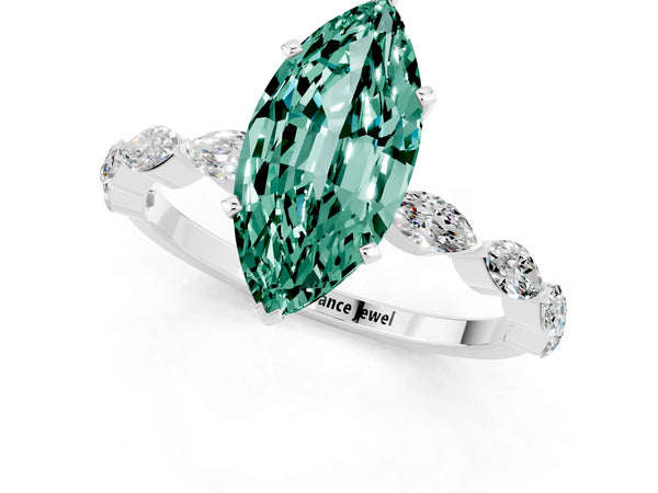 White gold Marquise Cut Green Sapphire Ring with Marquise Side Stones and Prong Setting