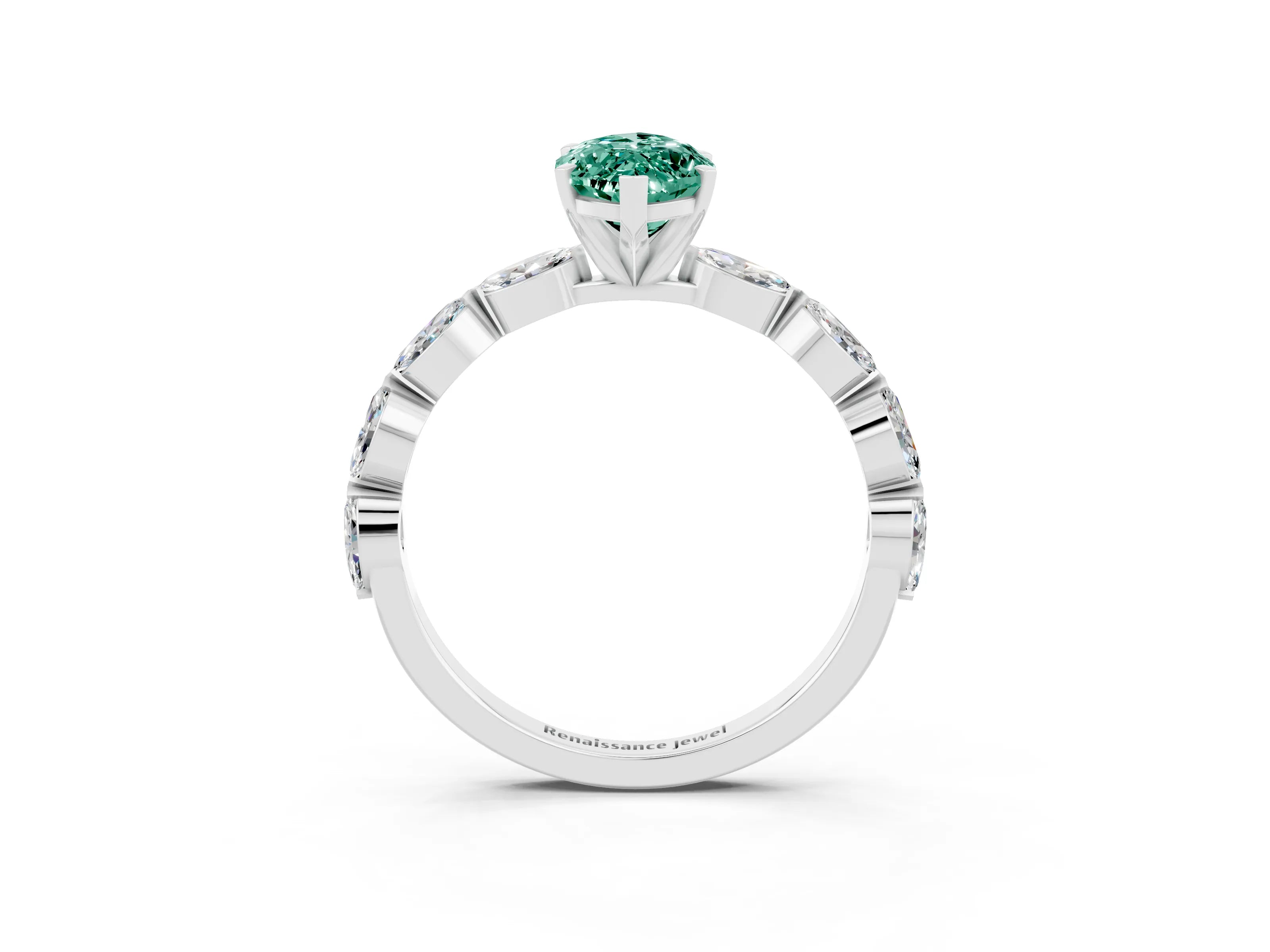 White gold Marquise Cut Green Sapphire Ring with Marquise Side Stones and Prong Setting_27