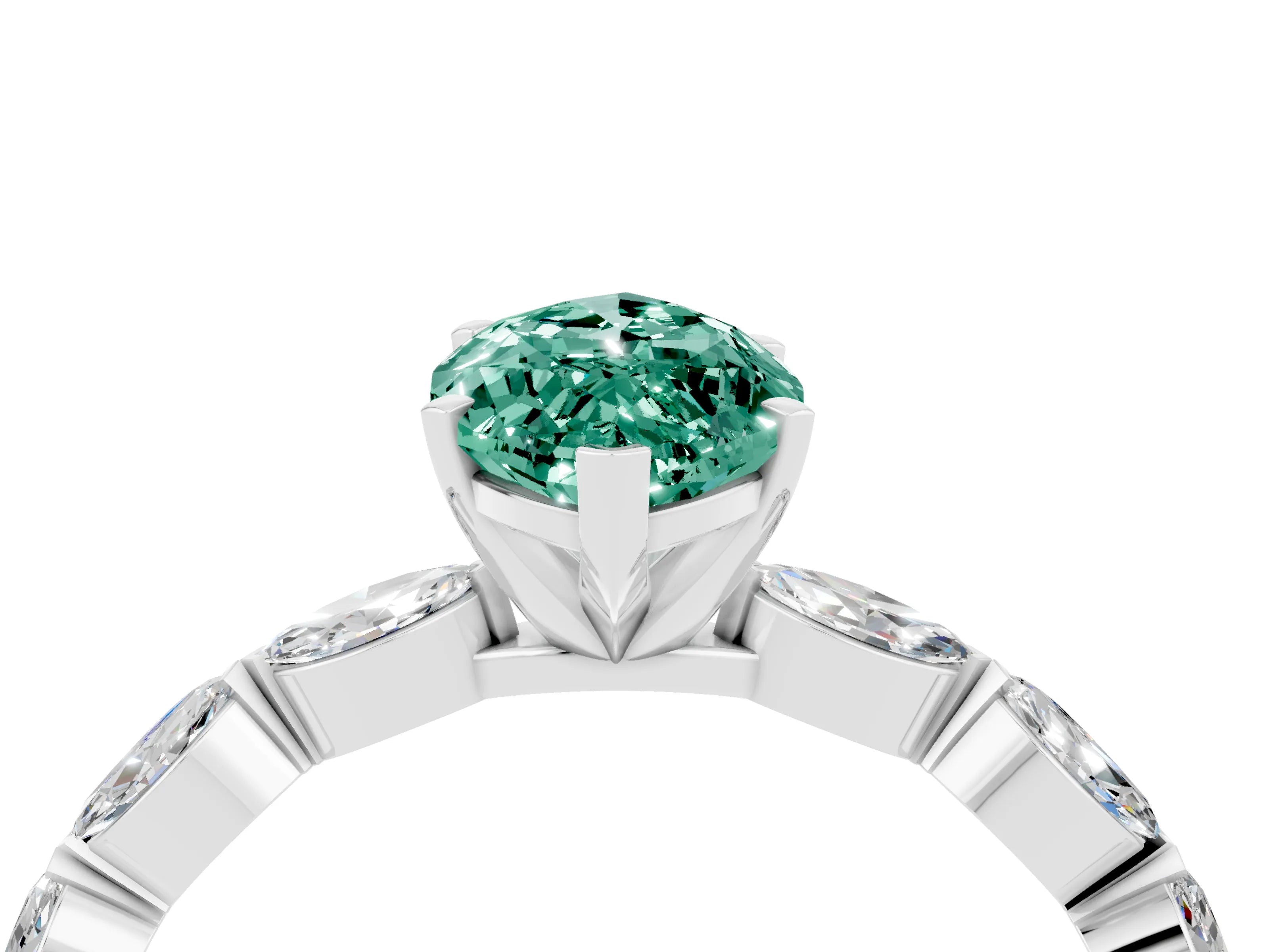 White gold Marquise Cut Green Sapphire Ring with Marquise Side Stones and Prong Setting_28