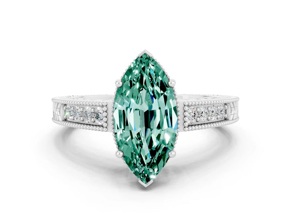 Silver Marquise Cut Green Sapphire Ring with Milgrain Pavé Band and Four-Prong Setting