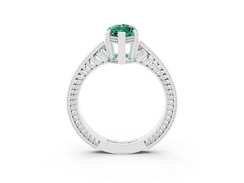 White gold Marquise Cut Green Sapphire Ring with Milgrain Pavé Band and Four-Prong Setting_15