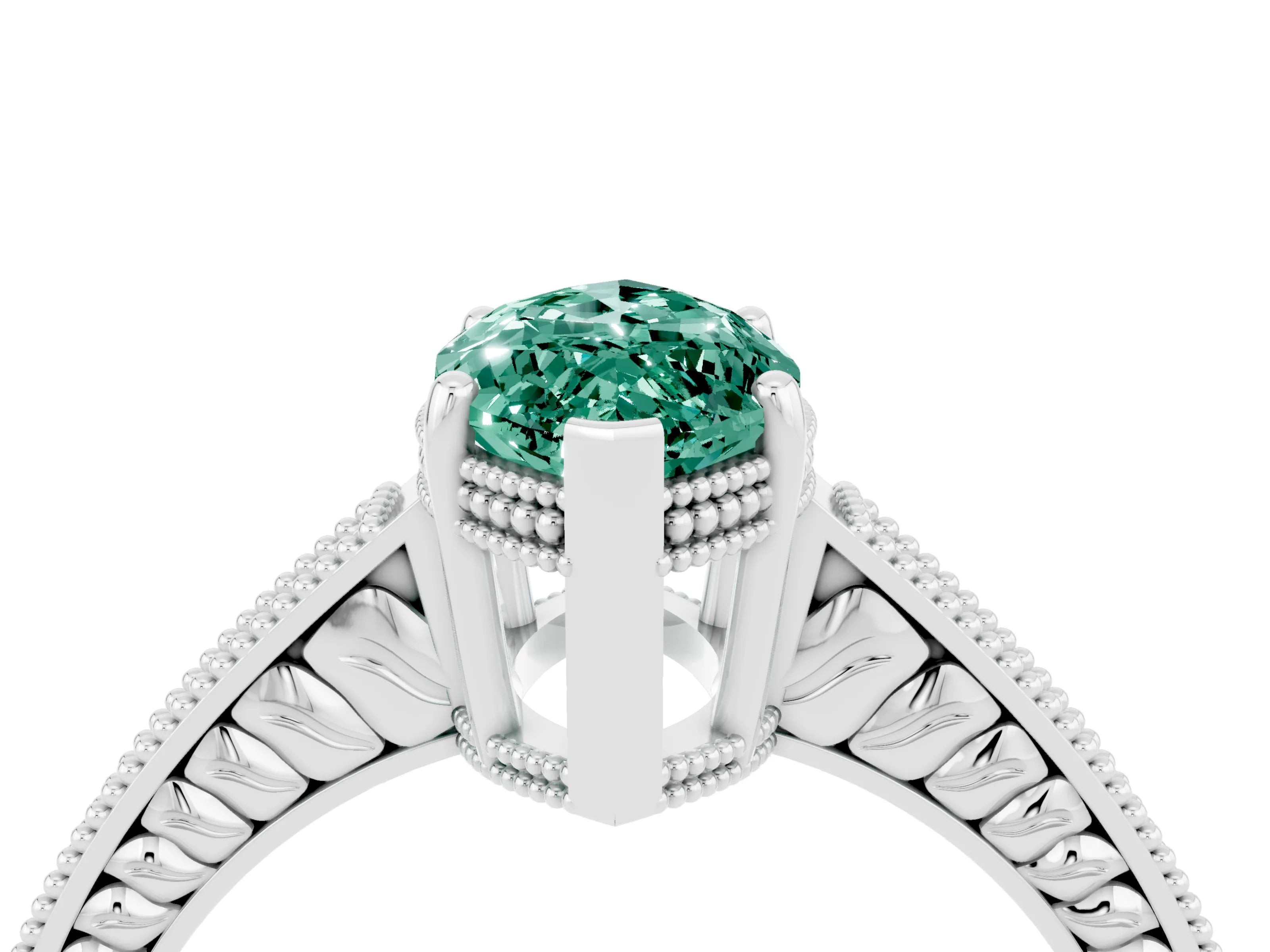 White gold Marquise Cut Green Sapphire Ring with Milgrain Pavé Band and Four-Prong Setting_16