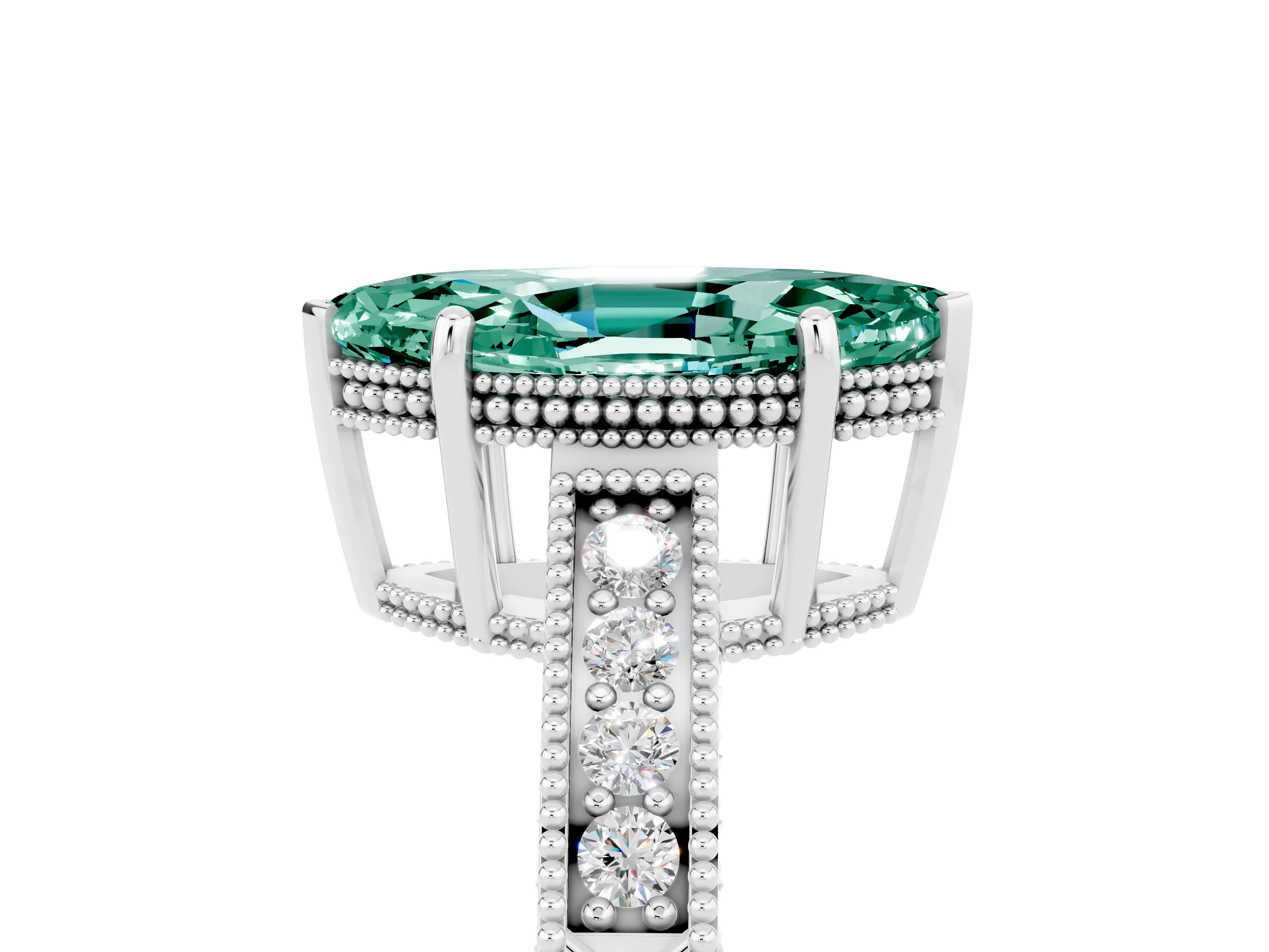 White gold Marquise Cut Green Sapphire Ring with Milgrain Pavé Band and Four-Prong Setting_17
