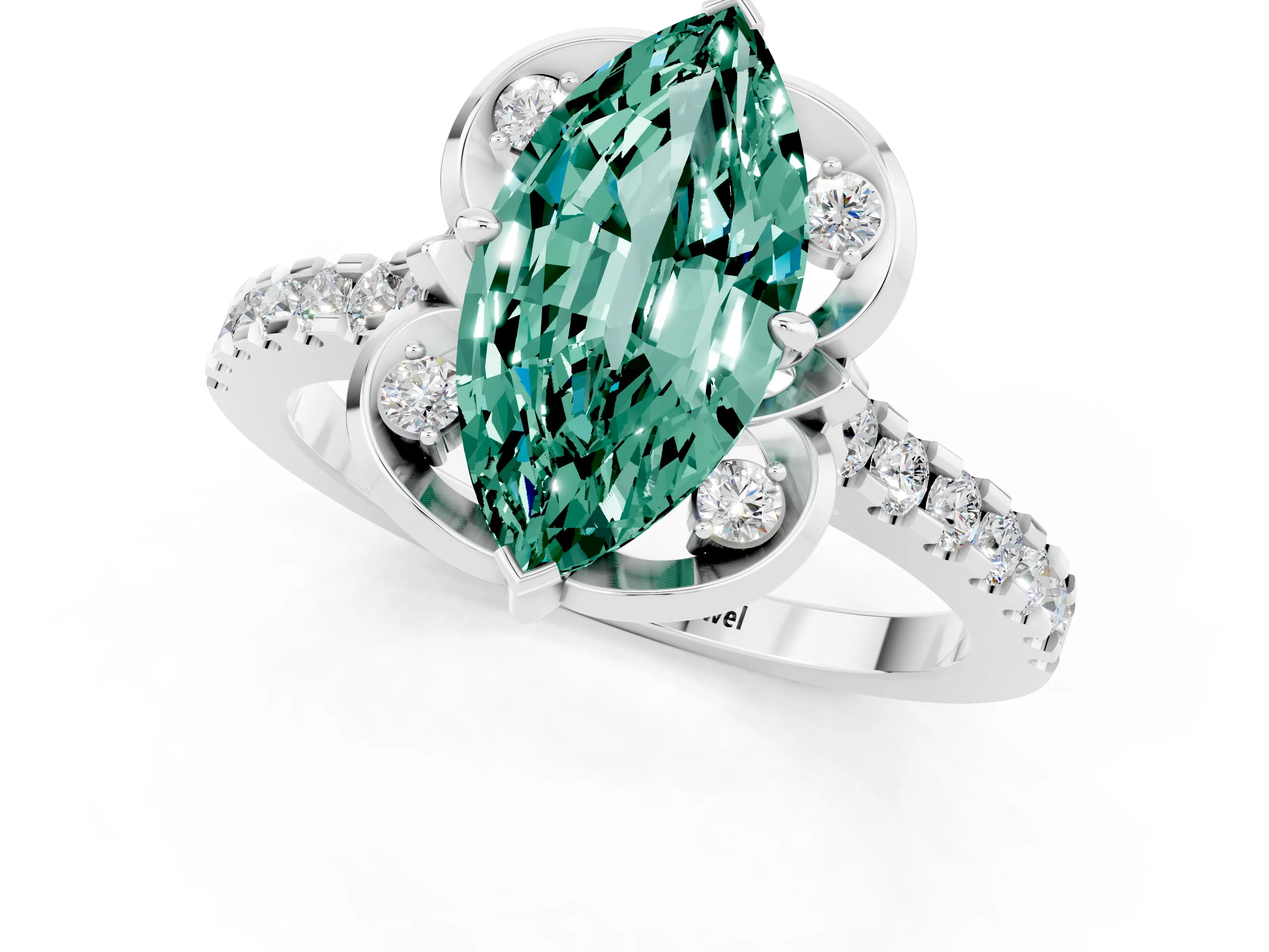 White gold Marquise Cut Green Sapphire Ring with Pavé Band and Floral Prong Setting_1