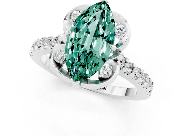 Platinum Marquise Cut Green Sapphire Ring with Pavé Band and Floral Prong Setting