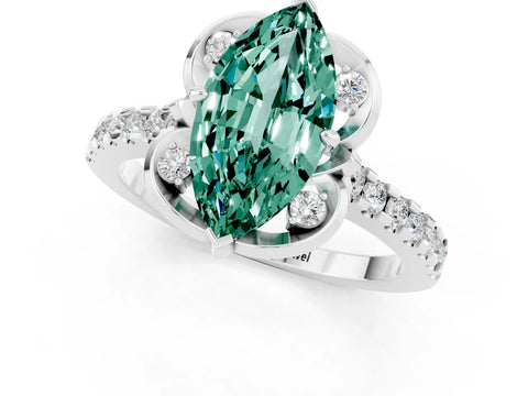 White gold Marquise Cut Green Sapphire Ring with Pavé Band and Floral Prong Setting_1
