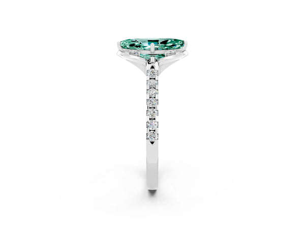 Silver Marquise Cut Green Sapphire Ring with Pavé Band and Floral Prong Setting