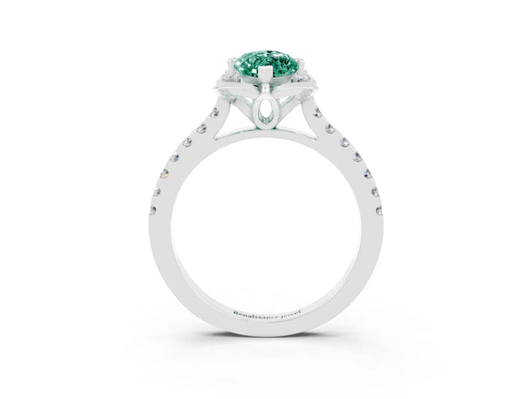 Platinum Marquise Cut Green Sapphire Ring with Pavé Band and Floral Prong Setting