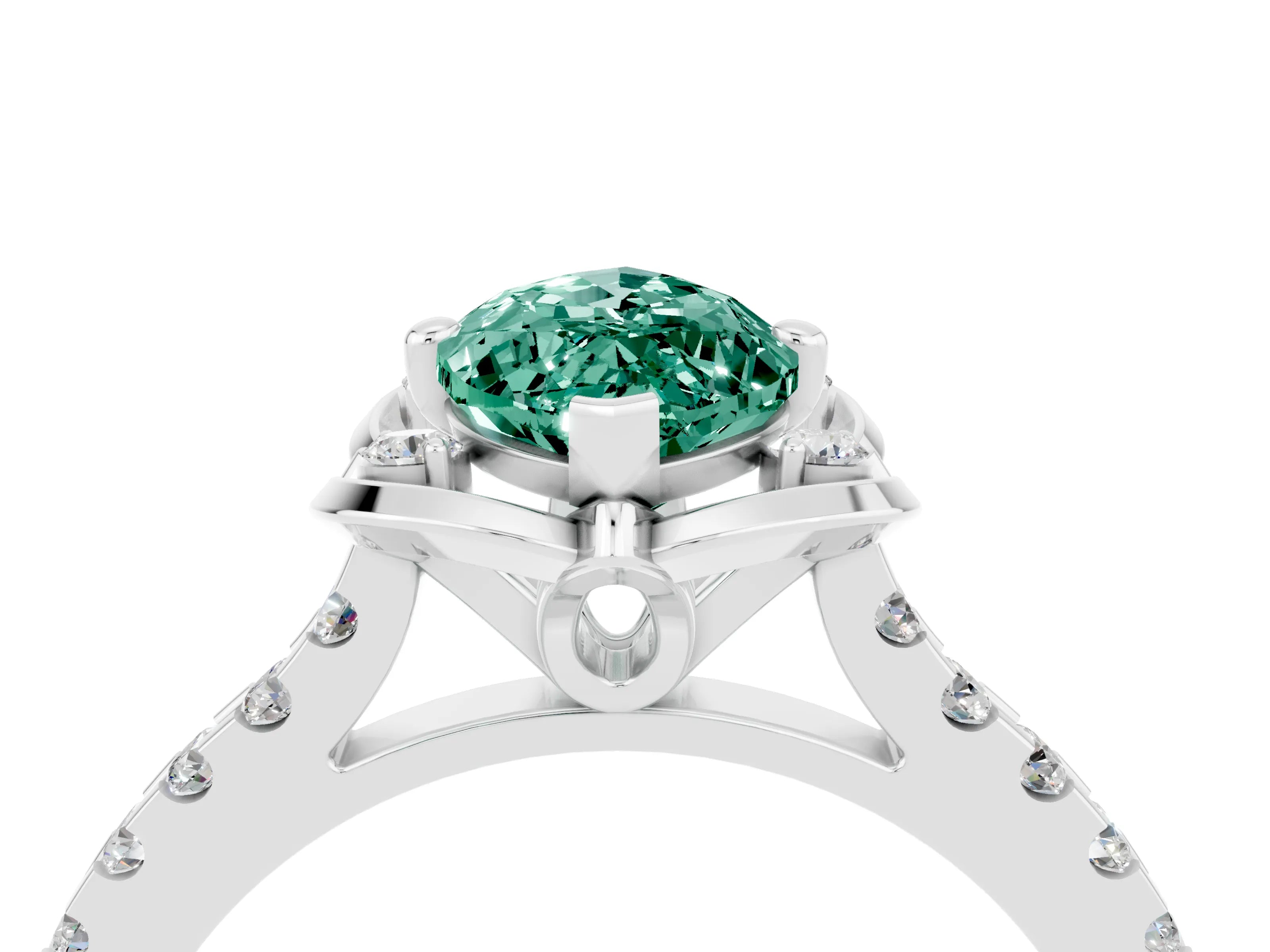 White gold Marquise Cut Green Sapphire Ring with Pavé Band and Floral Prong Setting_4