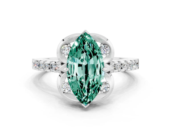 Silver Marquise Cut Green Sapphire Ring with Pavé Band and Floral Prong Setting
