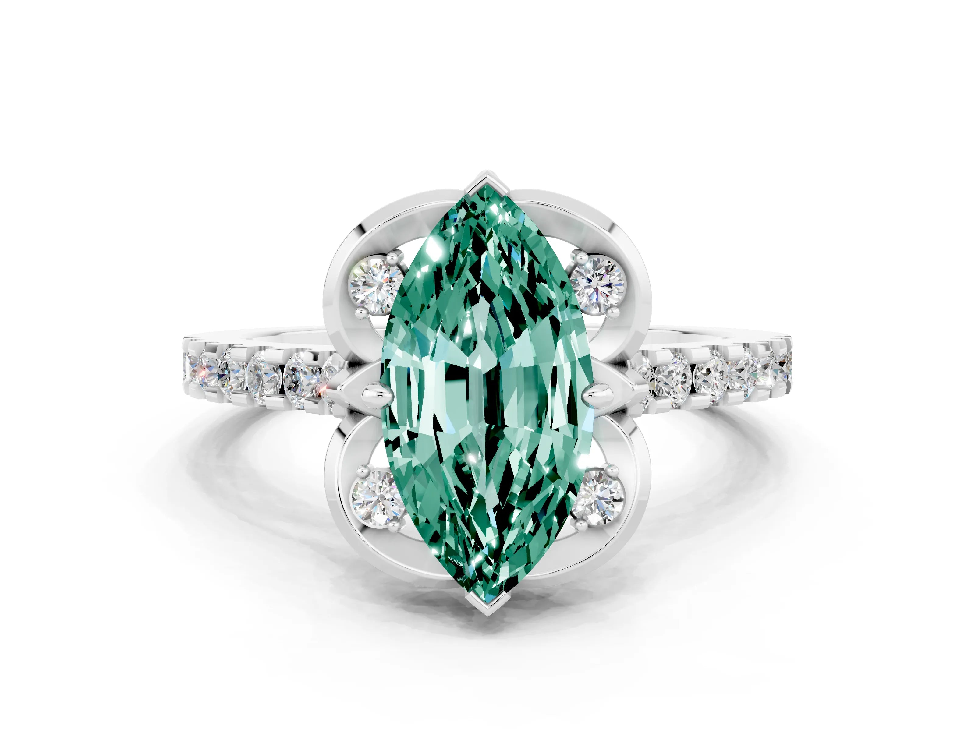 White gold Marquise Cut Green Sapphire Ring with Pavé Band and Floral Prong Setting