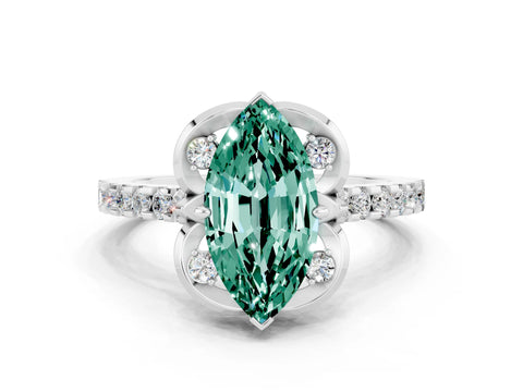 White gold Marquise Cut Green Sapphire Ring with Pavé Band and Floral Prong Setting