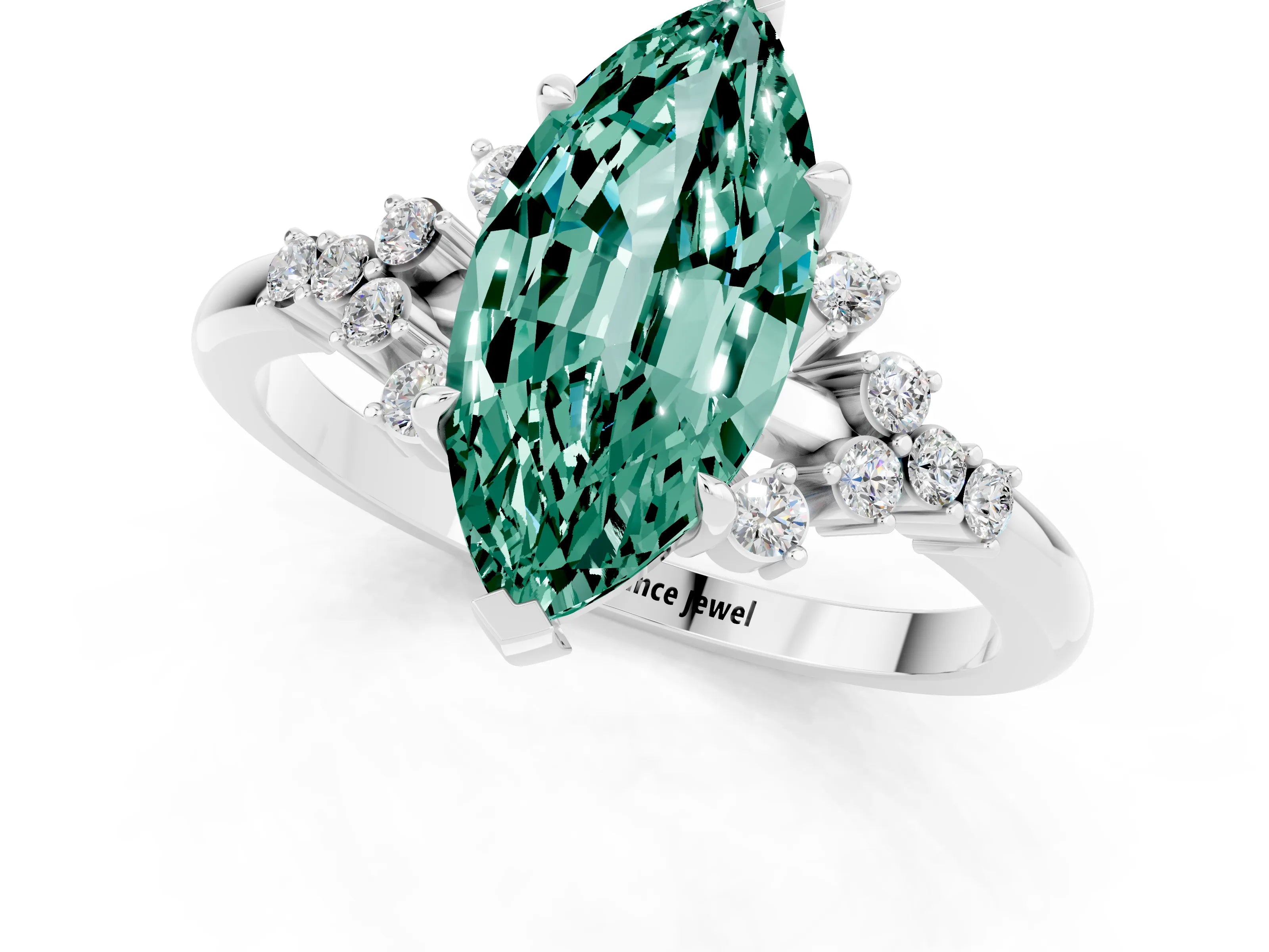 White gold Marquise Cut Green Sapphire Ring with Side Stones and Four-Prong Setting_37