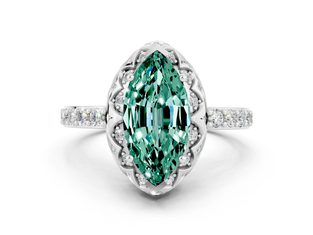 White gold Marquise Cut Green Sapphire Scalloped Halo Engagement Ring with Round Shared Prong Band_30