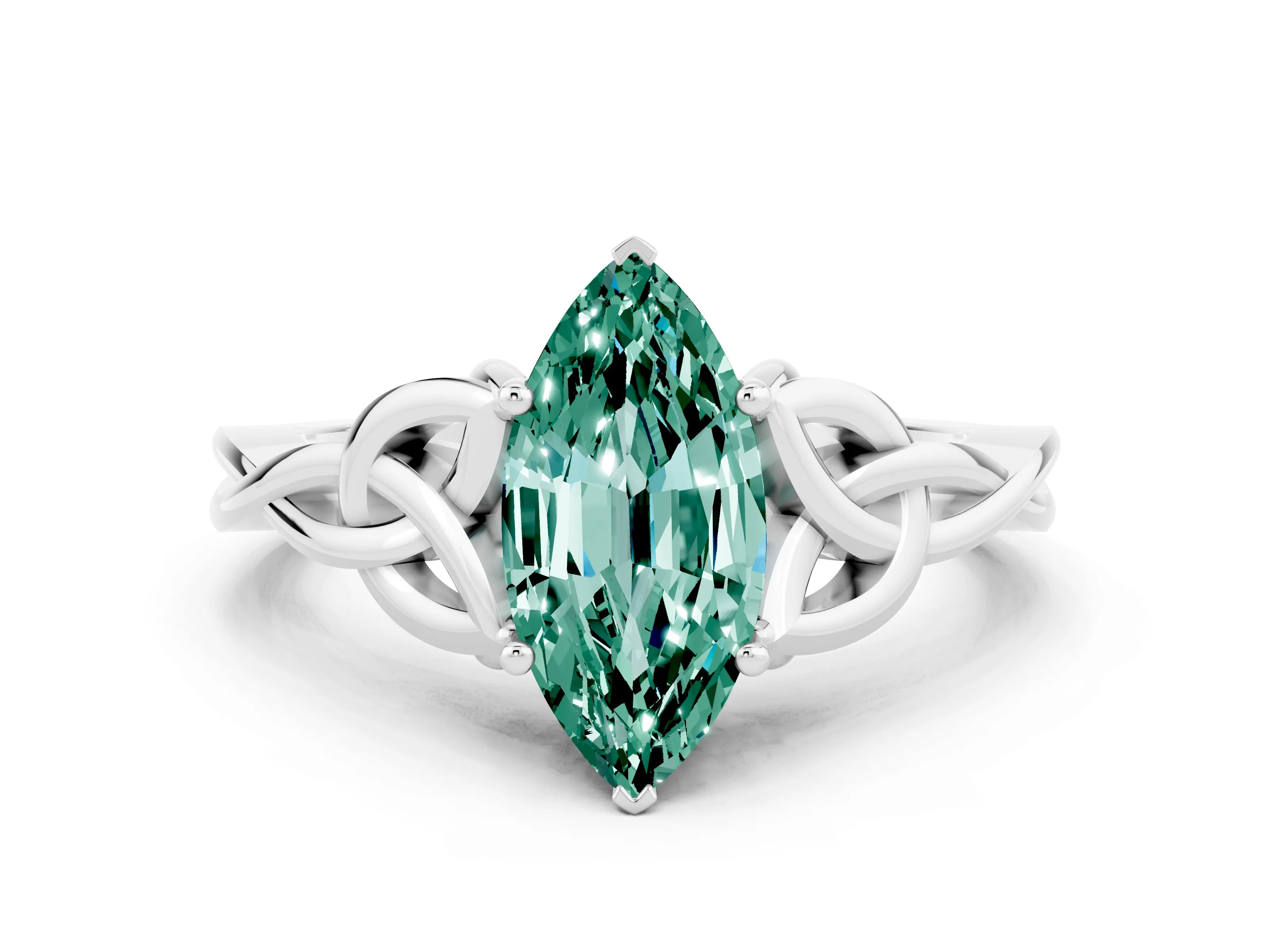 White gold Marquise Cut Green Sapphire Solitaire Celtic Knot Ring with Four-Prong Setting_12