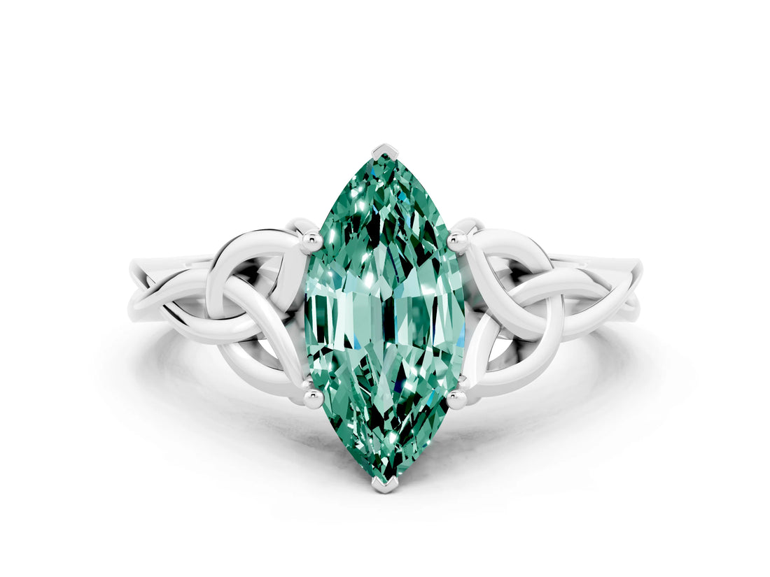 White gold Marquise Cut Green Sapphire Solitaire Celtic Knot Ring with Four-Prong Setting_12