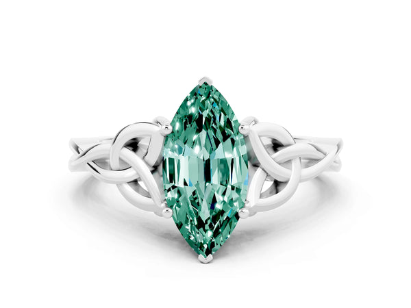 White gold Marquise Cut Green Sapphire Solitaire Celtic Knot Ring with Four-Prong Setting