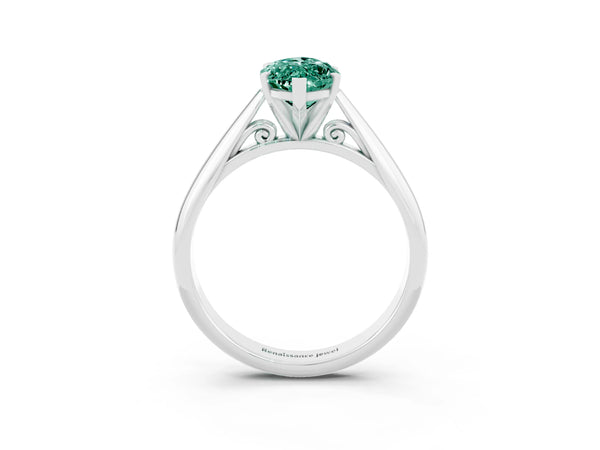 White gold Marquise Cut Green Sapphire Solitaire Engagement Ring with Cathedral Setting and Four-Prong Mount