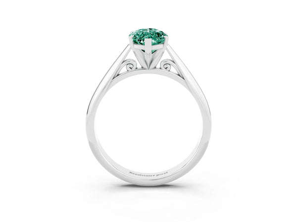 White gold Marquise Cut Green Sapphire Solitaire Engagement Ring with Cathedral Setting and Four-Prong Mount