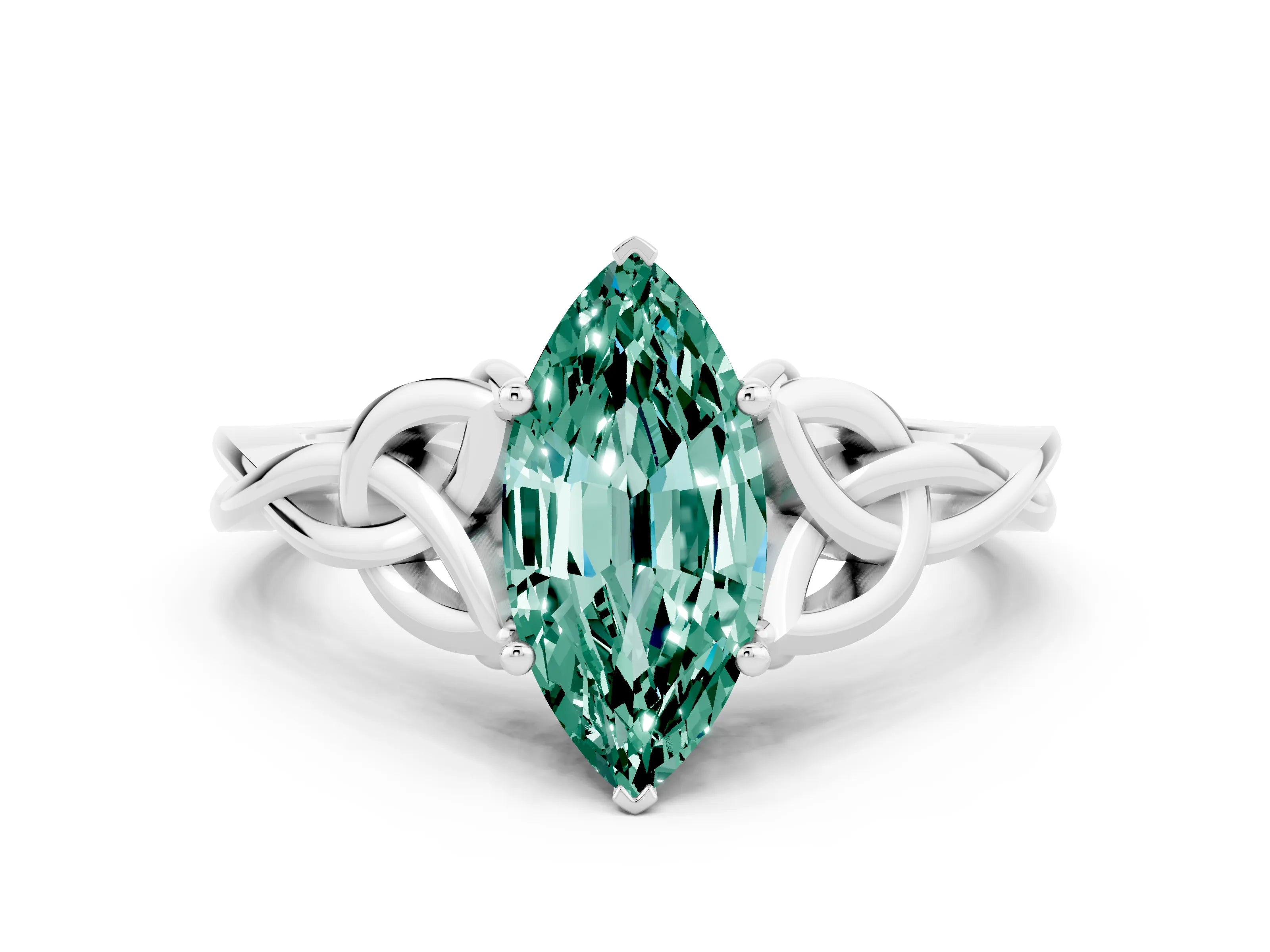 White gold Marquise Cut Green Sapphire Solitaire Engagement Ring with Celtic Knot Band and Four-Prong Setting