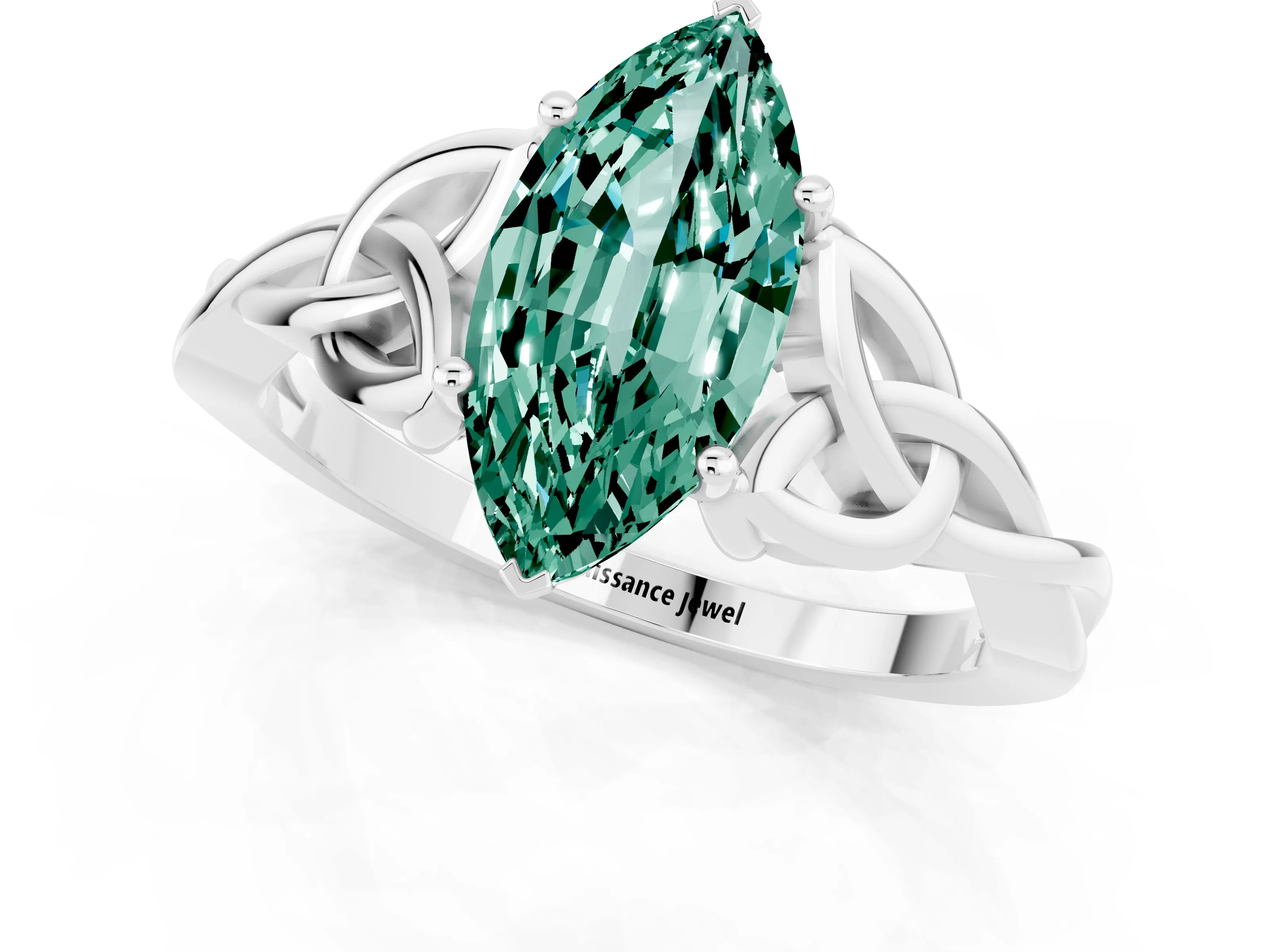 White gold Marquise Cut Green Sapphire Solitaire Engagement Ring with Celtic Knot Band and Four-Prong Setting_1