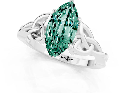 White gold Marquise Cut Green Sapphire Solitaire Engagement Ring with Celtic Knot Band and Four-Prong Setting_1