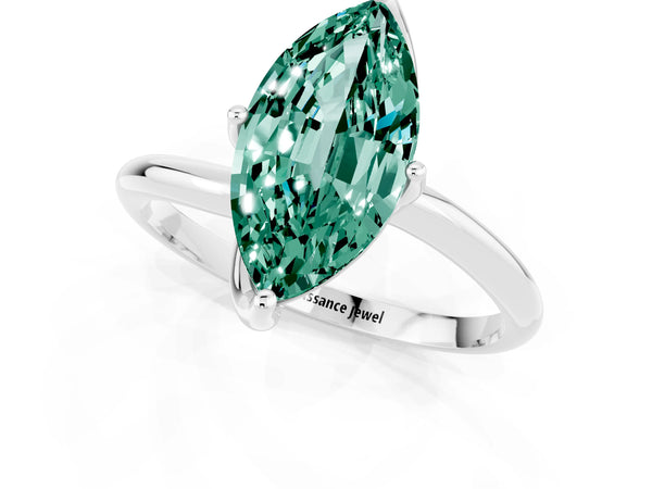 White gold Marquise Cut Green Sapphire Solitaire Engagement Ring with Four-Prong Setting and Classic Band