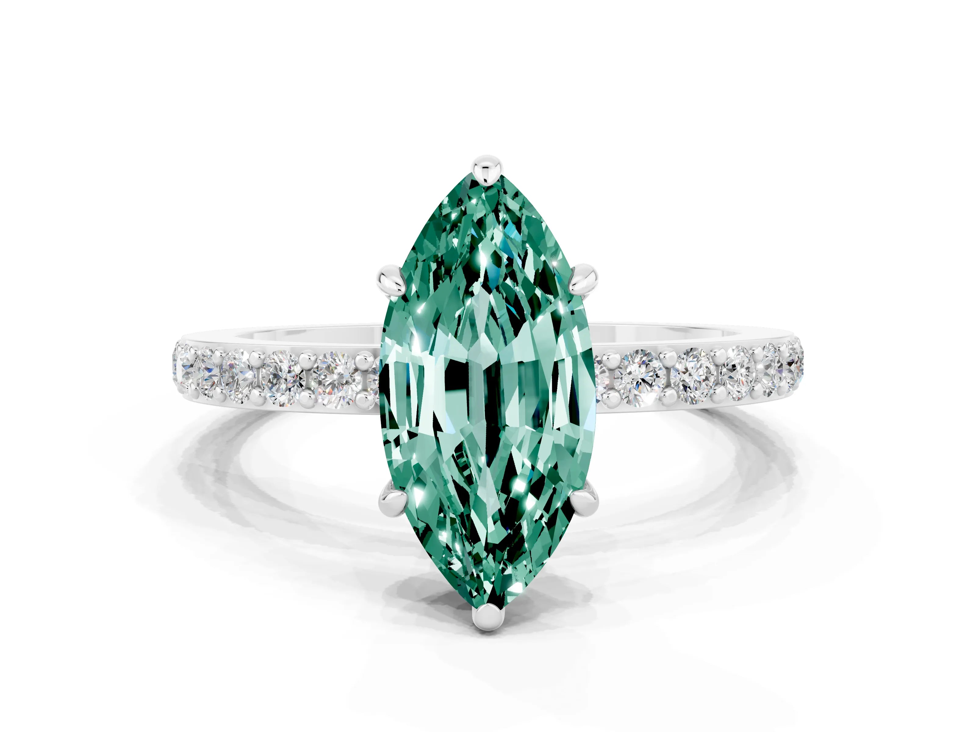 White gold Marquise Cut Green Sapphire Solitaire Engagement Ring with Pavé Band and Four-Prong Setting