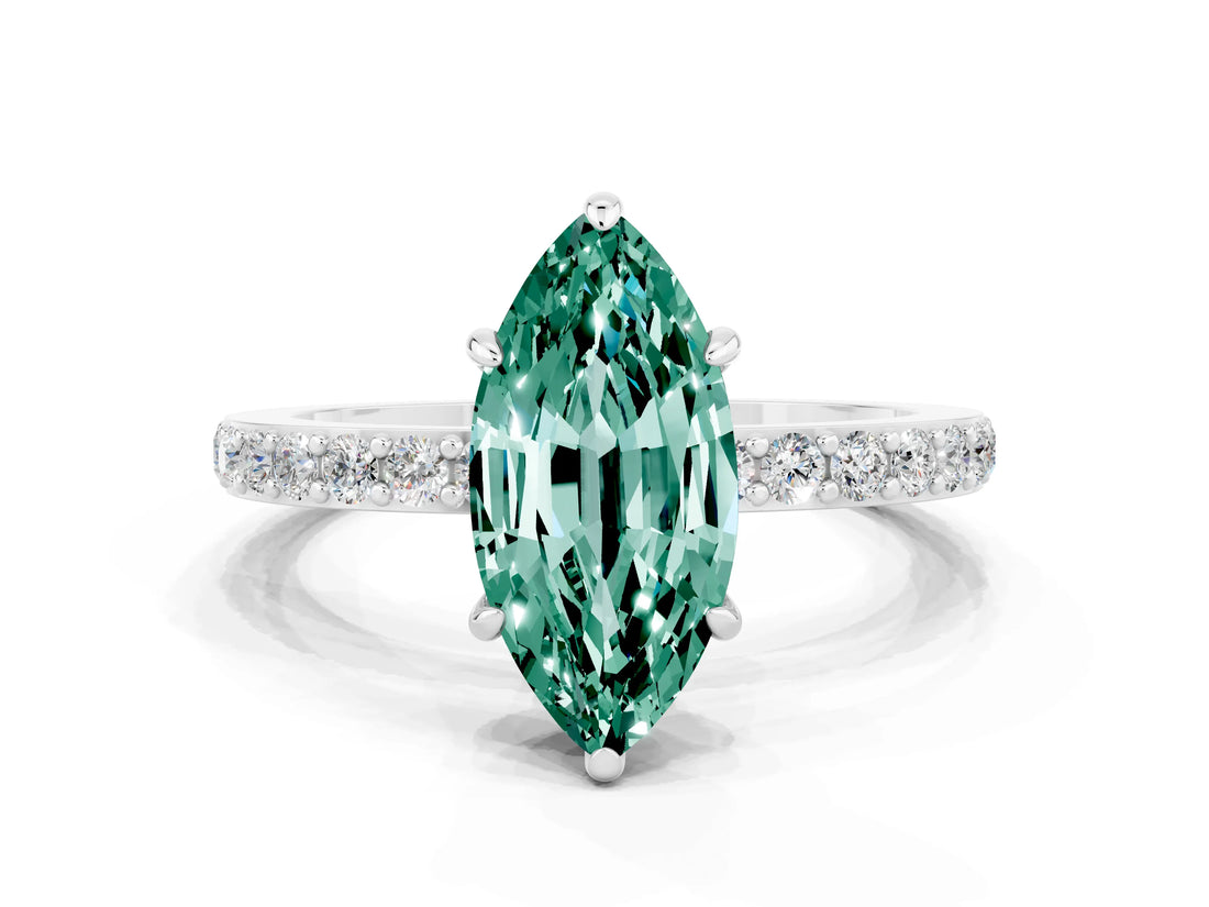 White gold Marquise Cut Green Sapphire Solitaire Engagement Ring with Pavé Band and Four-Prong Setting