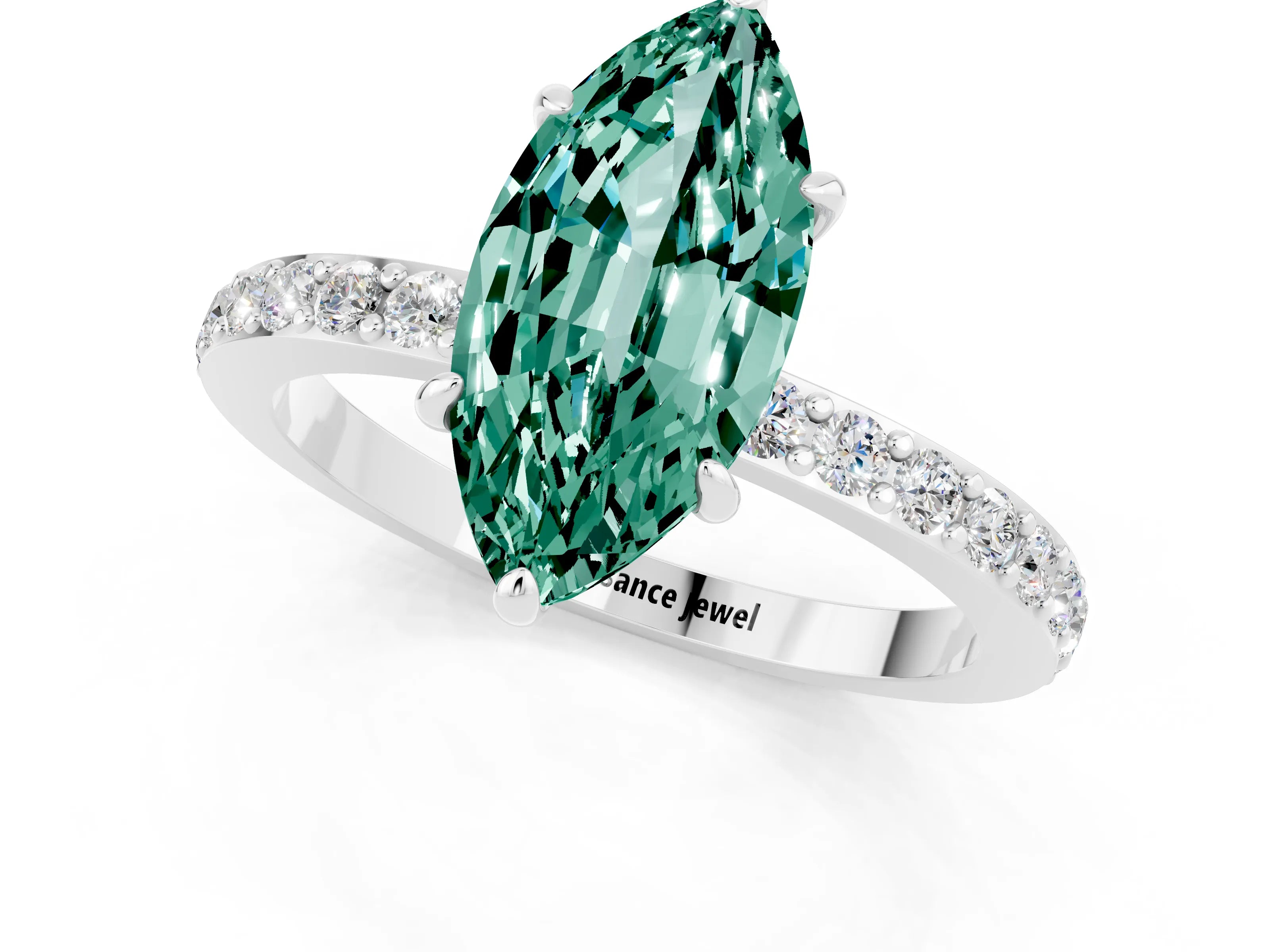 White gold Marquise Cut Green Sapphire Solitaire Engagement Ring with Pavé Band and Four-Prong Setting_1