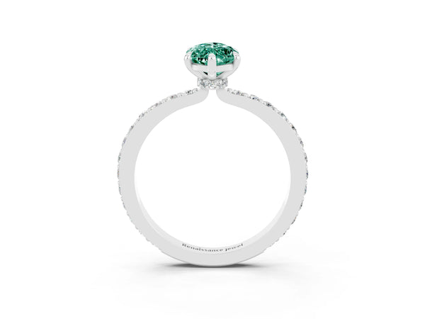 White gold Marquise Cut Green Sapphire Solitaire Engagement Ring with Pavé Band and Four-Prong Setting