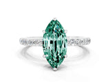 White gold Marquise Cut Green Sapphire Solitaire Engagement Ring with Pavé Band and Four-Prong Setting