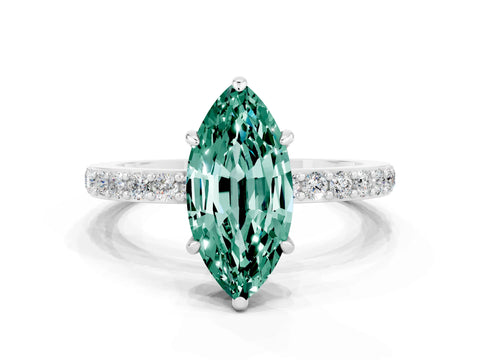 White gold Marquise Cut Green Sapphire Solitaire Engagement Ring with Pavé Band and Four-Prong Setting