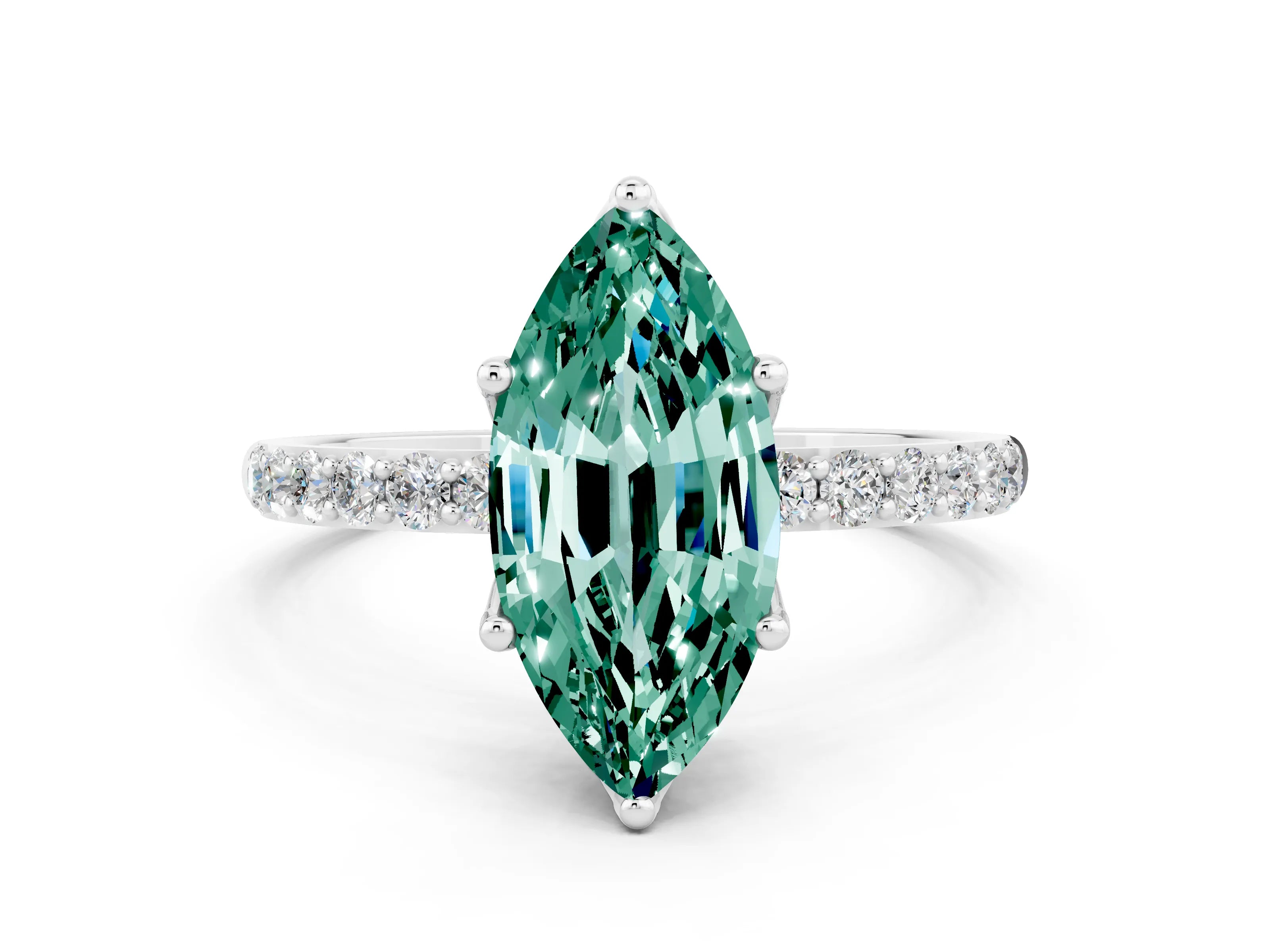 White gold Marquise Cut Green Sapphire Solitaire Engagement Ring with Pavé Band and Prong Setting