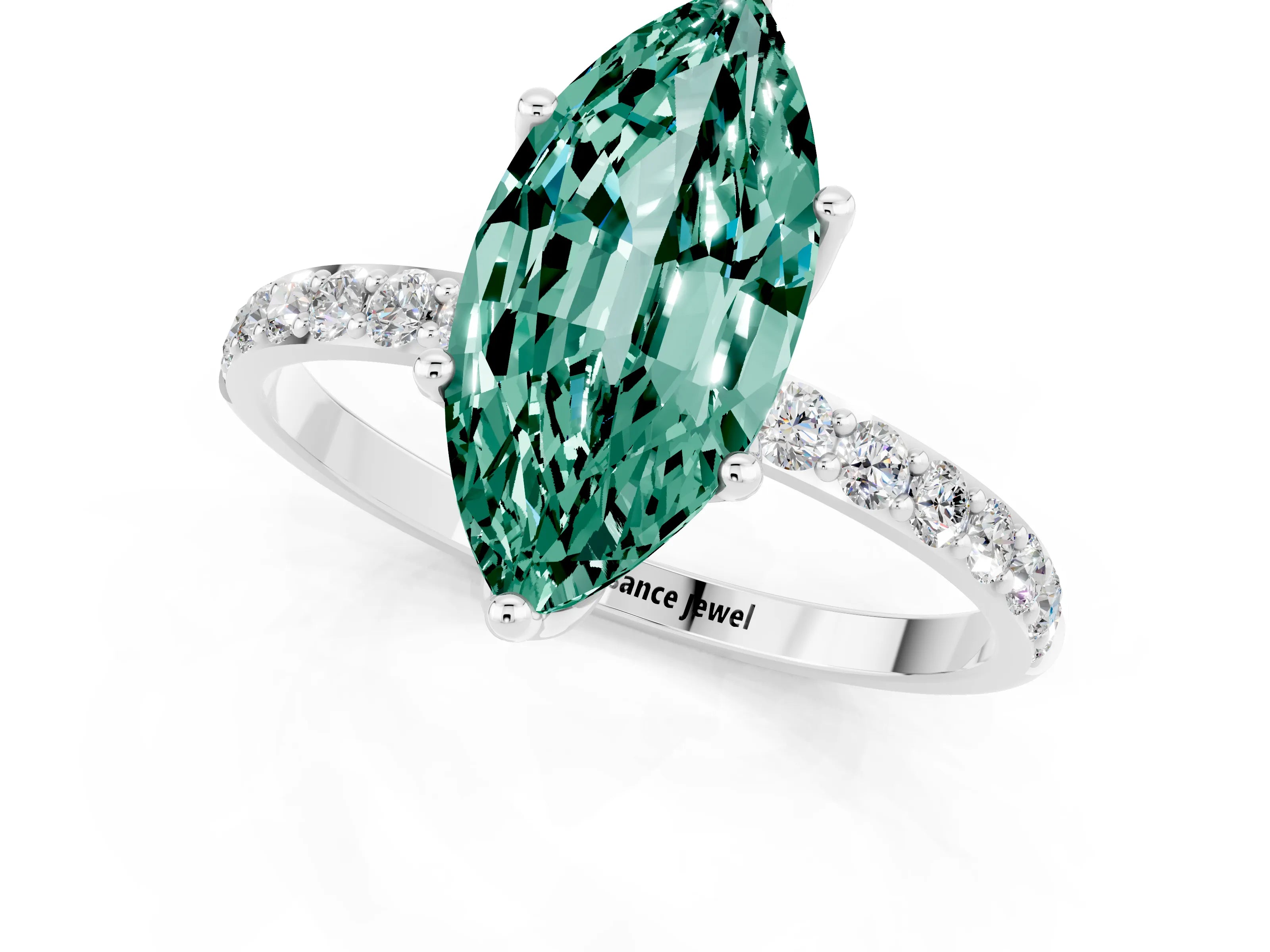 White gold Marquise Cut Green Sapphire Solitaire Engagement Ring with Pavé Band and Prong Setting_1