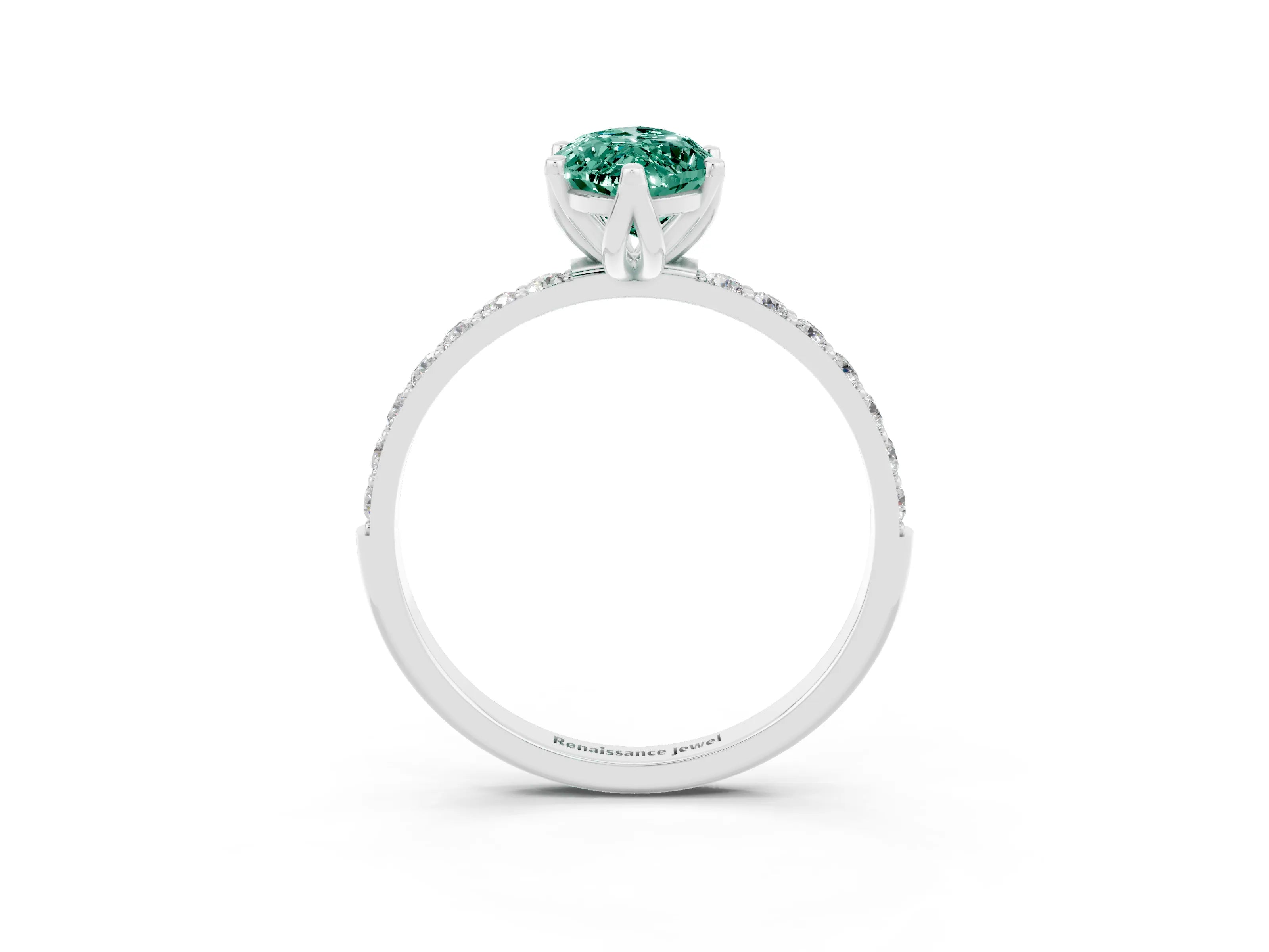 White gold Marquise Cut Green Sapphire Solitaire Engagement Ring with Pavé Band and Prong Setting_3