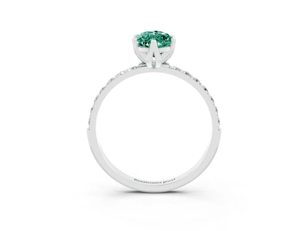 Silver Marquise Cut Green Sapphire Solitaire Engagement Ring with Round  Pavé Band and Prong Setting